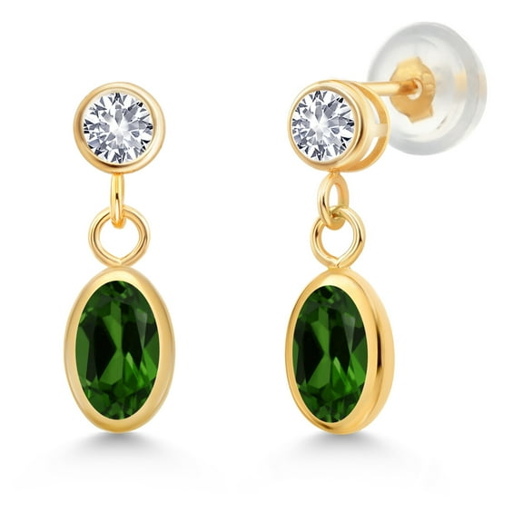 Gem Stone King 14K Yellow Gold Green Chrome Diopside and White Created Sapphire Drop Dangle Earrings for Women (1.36 Cttw, Gemstone Birthstone, Oval 6X4MM, Round 3MM)