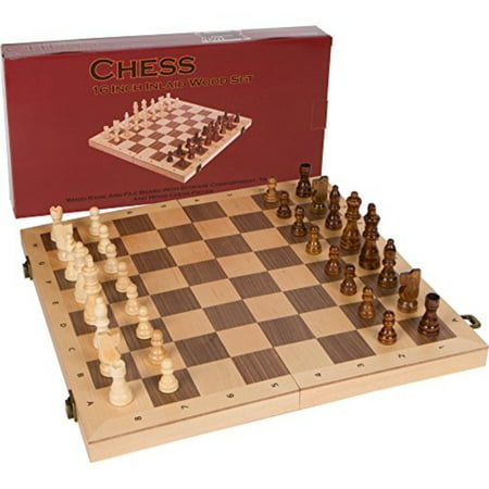 Alina Chess Inlaid Wood Folding Board Game with Pieces and Tray - Ranks and Files Board (Numbers and Letters on Side) - 16 Inch