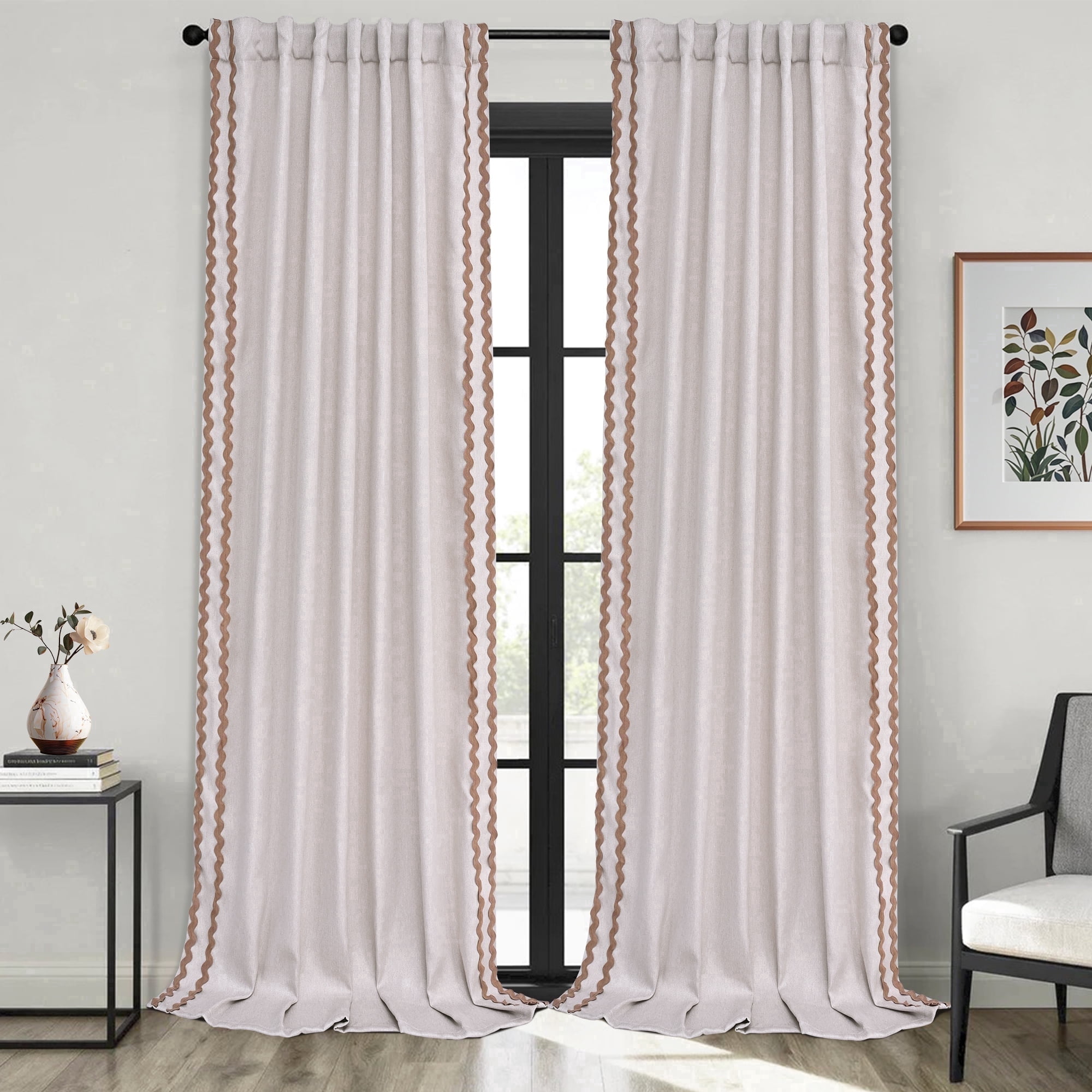 Alishomtll Natural Linen Scalloped Rod Pocket Back Tab Blackout Curtains for Bedroom,Pack of 2,52"x 84"