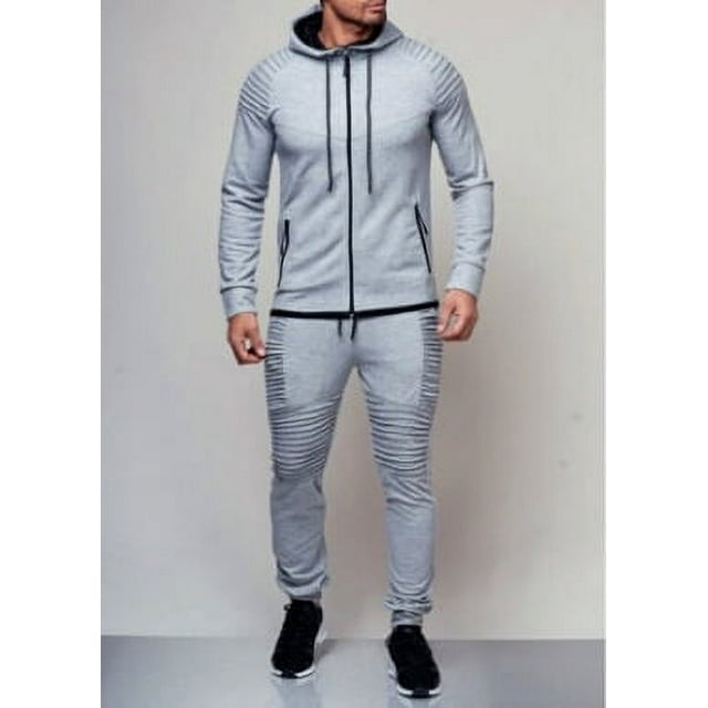 Faithtur Men’s Casual 2PCS Set, Solid Color Long Sleeve Straps Hoodie Zip Pockets Top, Long Loose Drawing Straps Pants, Sweatsuits