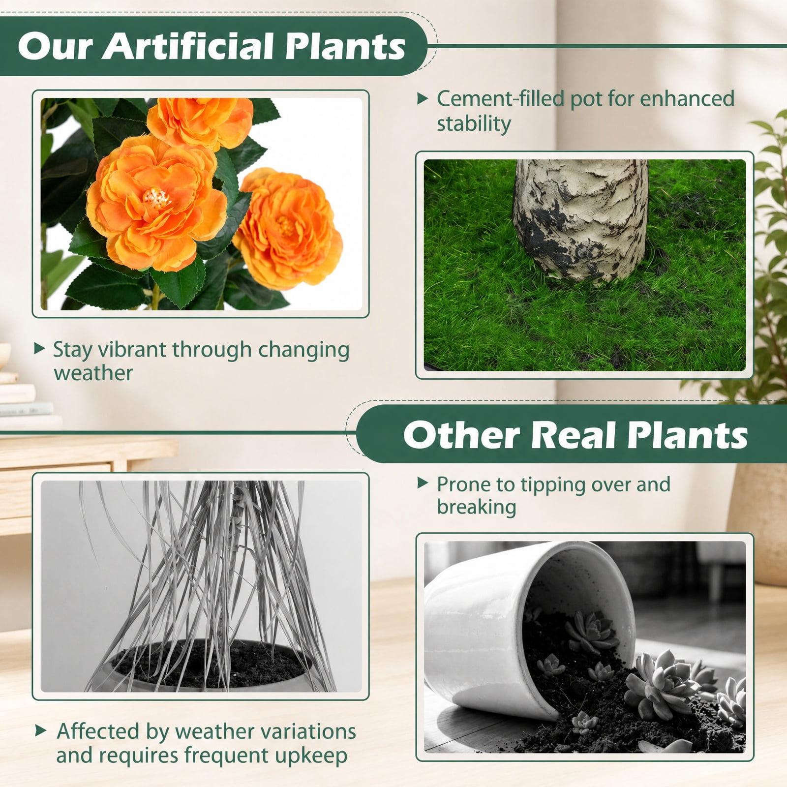 Vebreda Artificial Plant Decor, Set of 2 39.5" Artificial Camellia Tree with Orange Blossoms in Cement Pot for Decoration, Selected Materials