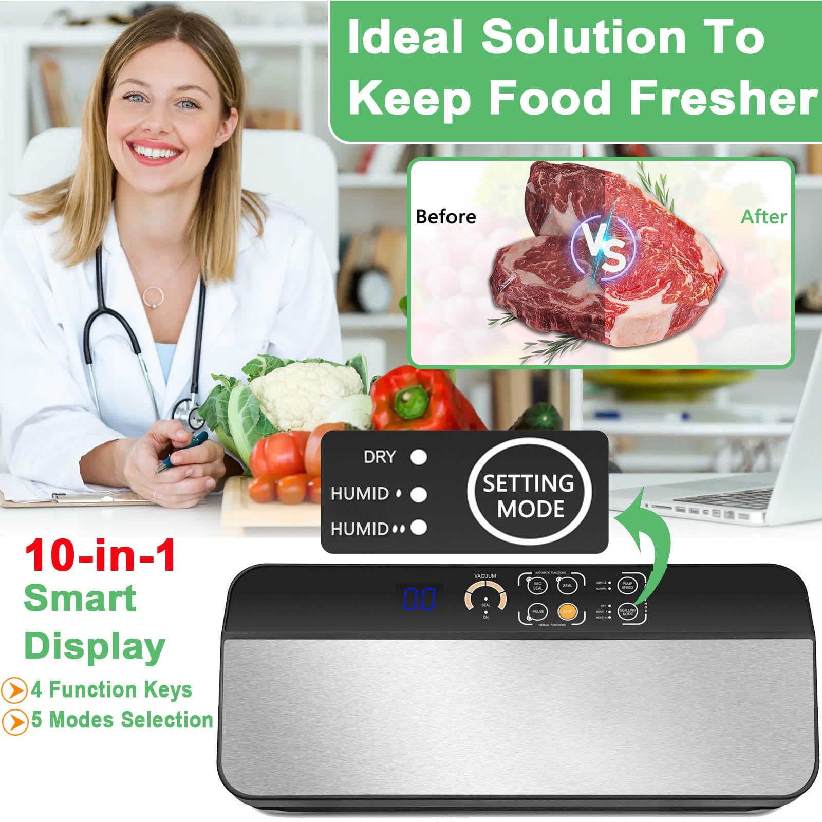 HKEEY Food Saver Vacuum Sealer Machine with 2 Rolls Food Vacuum Sealer  Bags，Dry & Moist Food Modes, Led Indicator Lights, Easy to Clean, Compact