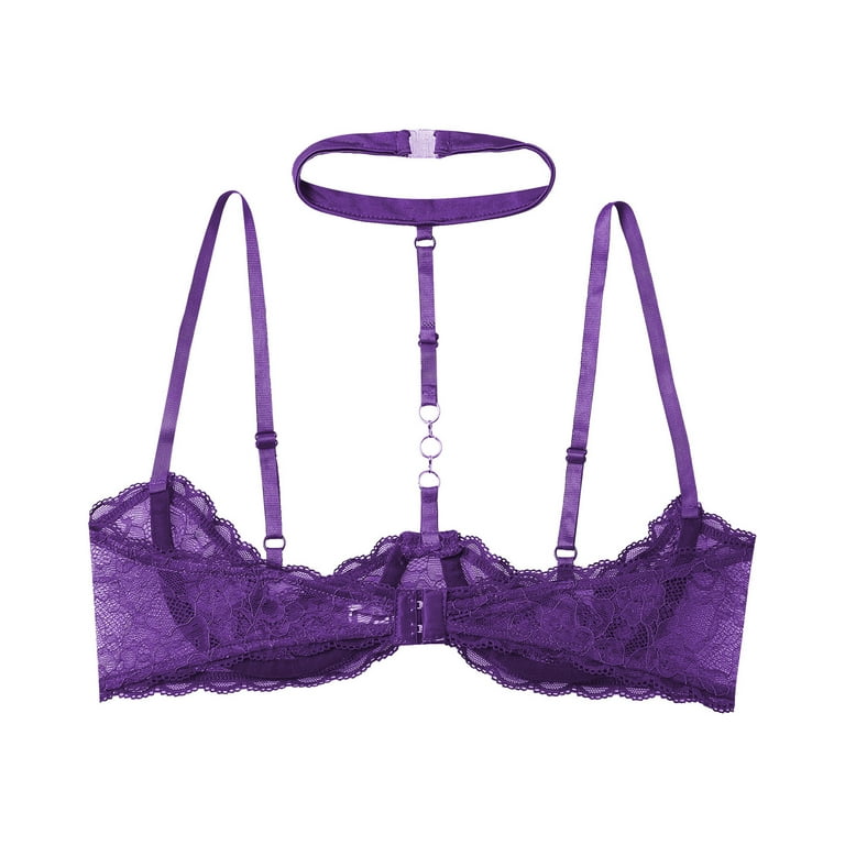 inhzoy Women See Through Lace 1/4 Cups Balconette Bustier Push Up Bra Top  Purple XL 