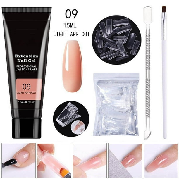 Kit de extensión de uñas de gel Poly, gel constructor transparente en gel nude, kit de prueba para realzar uñas de gel Poly francés con mini uña para manicura francesa, 15 ml