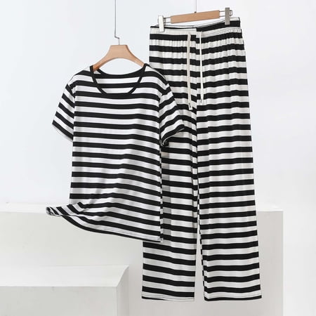 Xdegoge Modal Pajamas for Women Set 2 Piece Crewneck Short Sleeve Matching Sets Tops and Wide Leg Pants Striped Drawstring Comfortable Casual Summer Loose Outfits