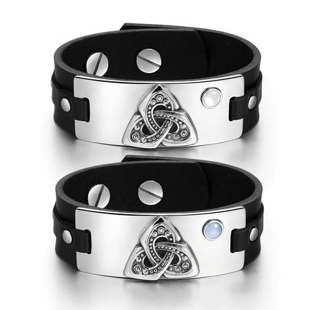 White Knotted Leather - Celtic Triquetra Knot Amulets Love Couples White Sky Blue Simulated Cats Eye Black Leather Tag Bracelets