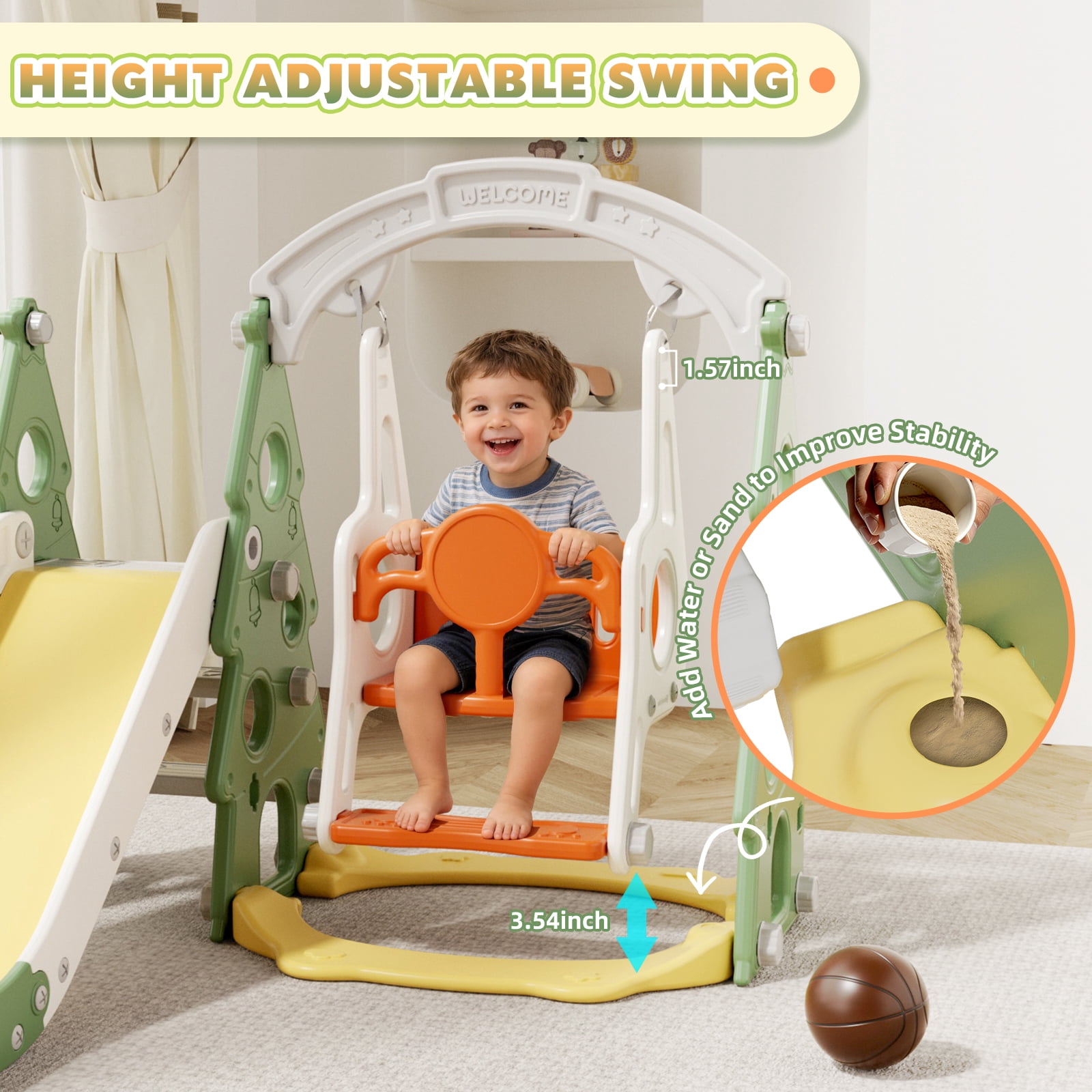 XJD 4-in-1 Toddler Slide and Swing Set, Kids Indoor Outdoor Playset with Basketball Hoop, Backyard Playground for Toddlers 1-3 Years Old, Green