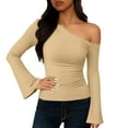 thumbnail image 6 of HAPIMO Women's Off Shoulder Tops Bell Sleeve Shirts Dressy Long Sleeve Asymmetrical Slim Fit Blouses Lightweight Going Out Tops Ruched Shirts Beige XXL, 6 of 9