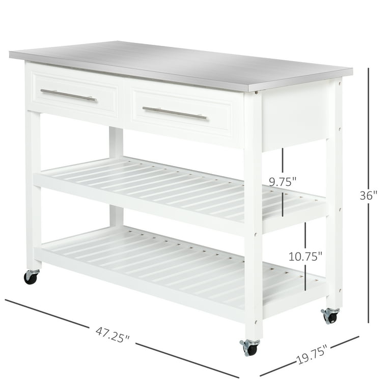 HOMCOM Kitchen Stainless Steel Rolling Storage Island, White