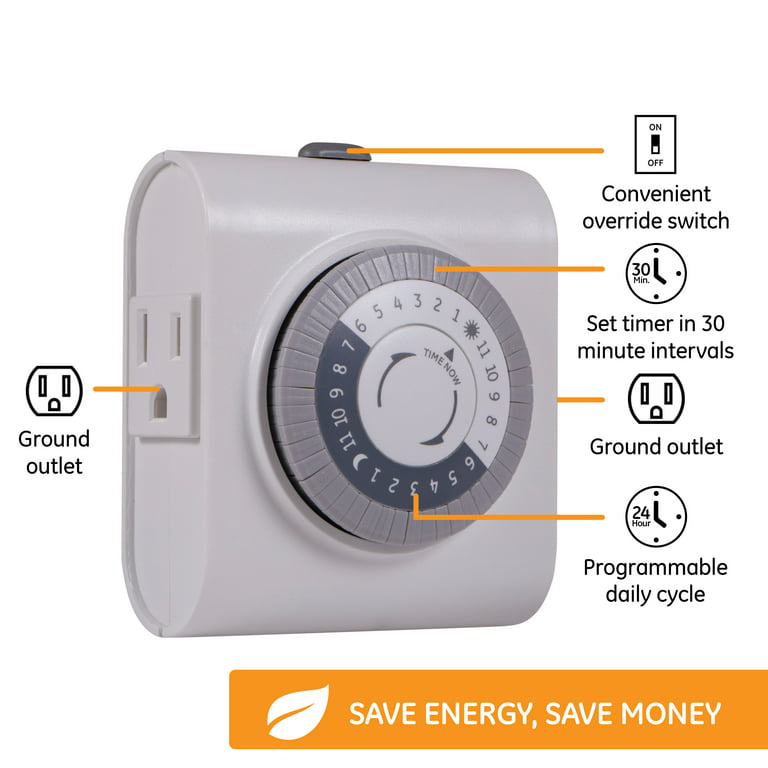 GE 24-Hour Heavy Duty Indoor Plug-In Mechanical Timer, 1 Grounded Outlet,  30 Minute Intervals, Daily On/Off Cycle, for Lamps, Portable Fans, Seasonal