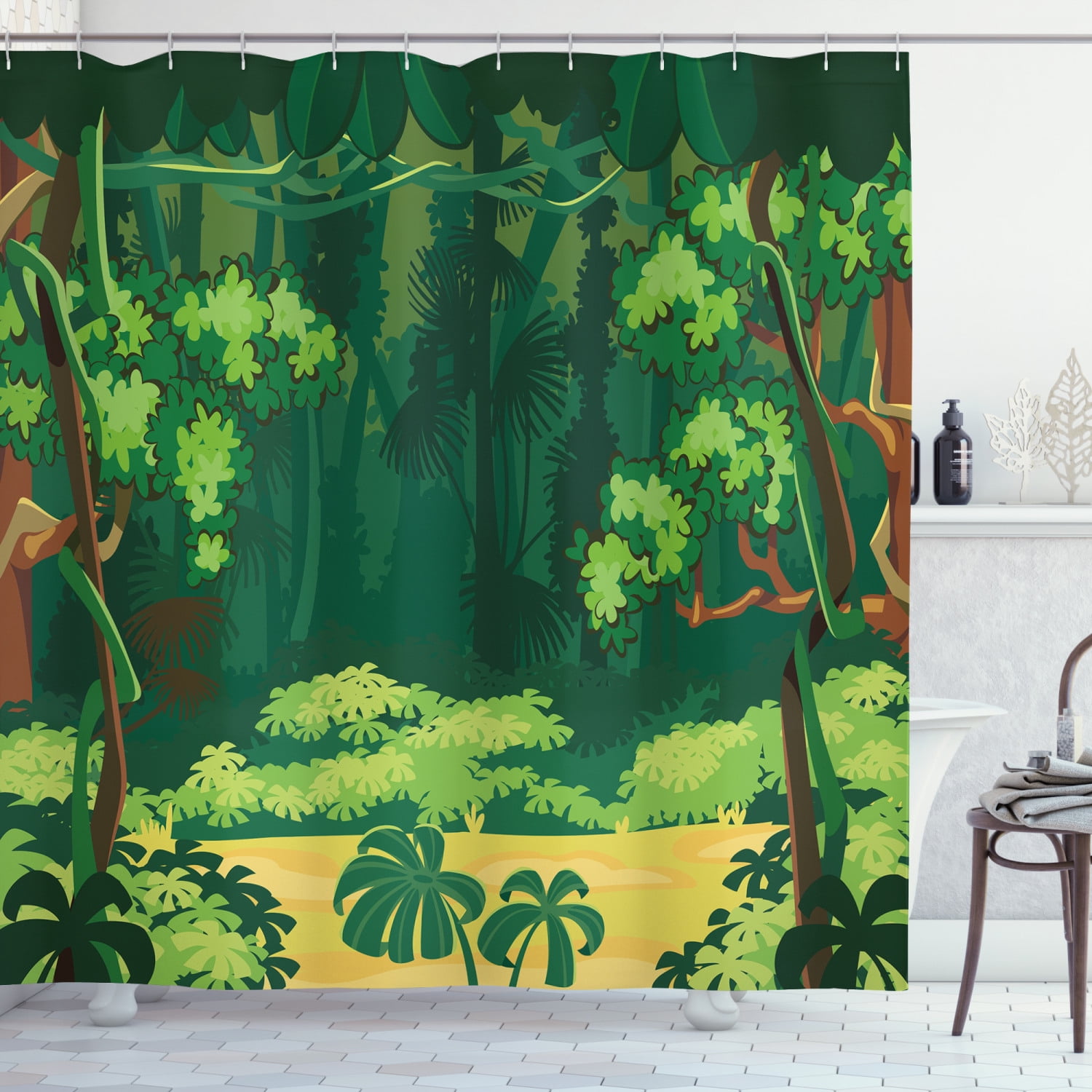 Mushroom Toadstool Wildlife in Forest Plants Cartoon Print Shower Curtain Set 