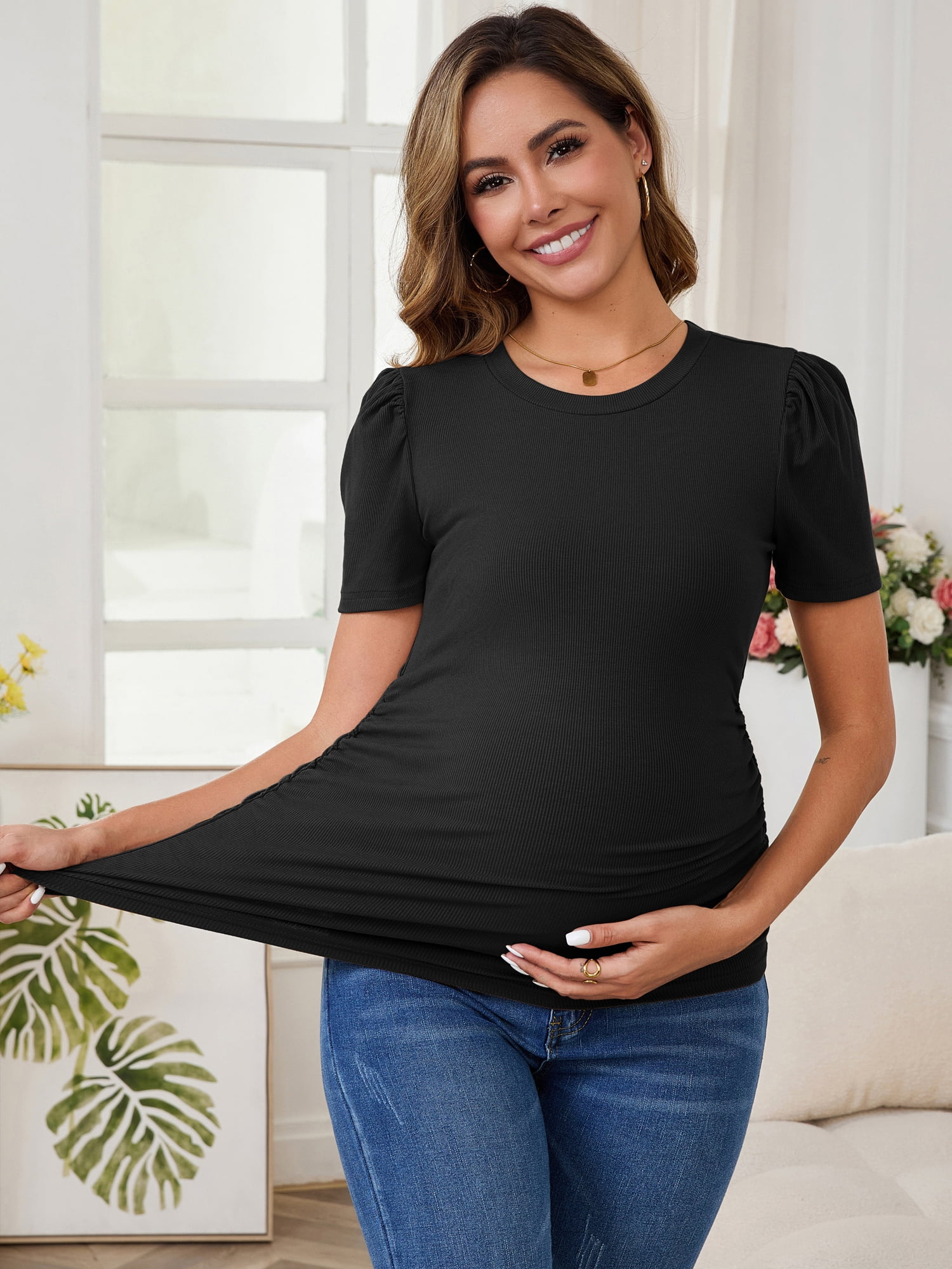 DARING DIVA Women's Short Sleeve Side Ruched Knit Puff Maternity Blouses M Black