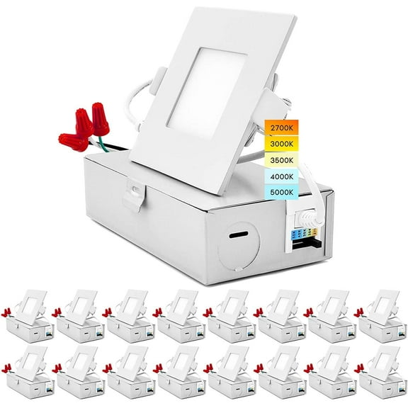 Luxrite 16-Pack 3 inch Square Ultra Thin LED Recessed Light with J-Box 8W 5 Color Selectable Dimmable 540 Lumens IC Rated