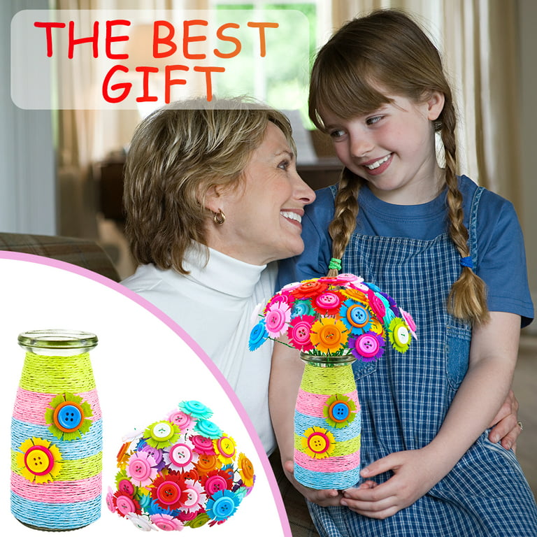 Kids Crafts Toy Gifts for Girl Age 4-12, Birthday Gift Button Felt Flowers Vase for 6 7 8 9 Year Old Kid Girl Boy DIY Toys Flower Craft Set for 6-11