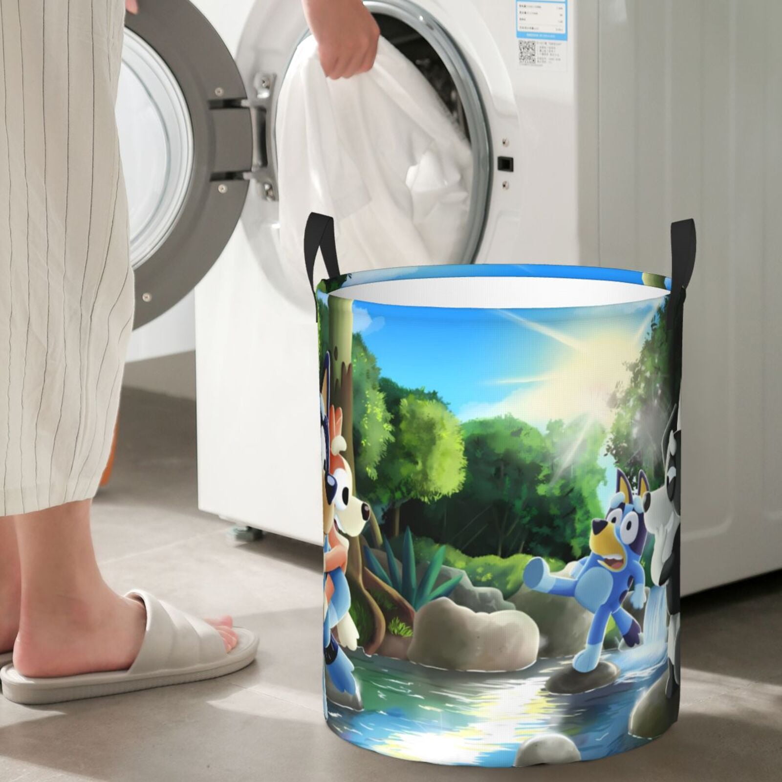 Silaia Bluey Print Round Laundry Clothes Hamper,Laundry Basket with Handles,Baby Toys Storage Organizer,Bins Laundry Basket for Bathroom, Bedroom Decorate-Medium