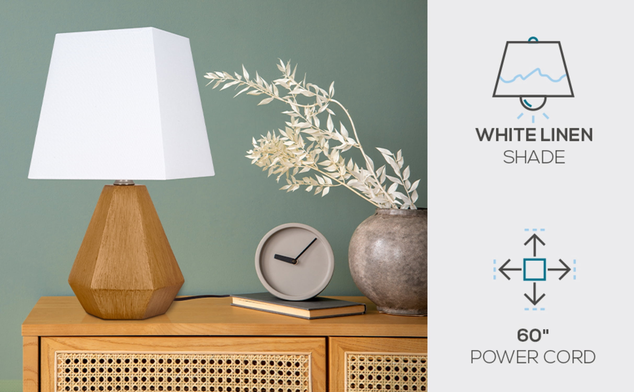 Catalina Lighting Geometric Table Lamp, 13.5 in, Natural Finish Look with White Fabric Shade