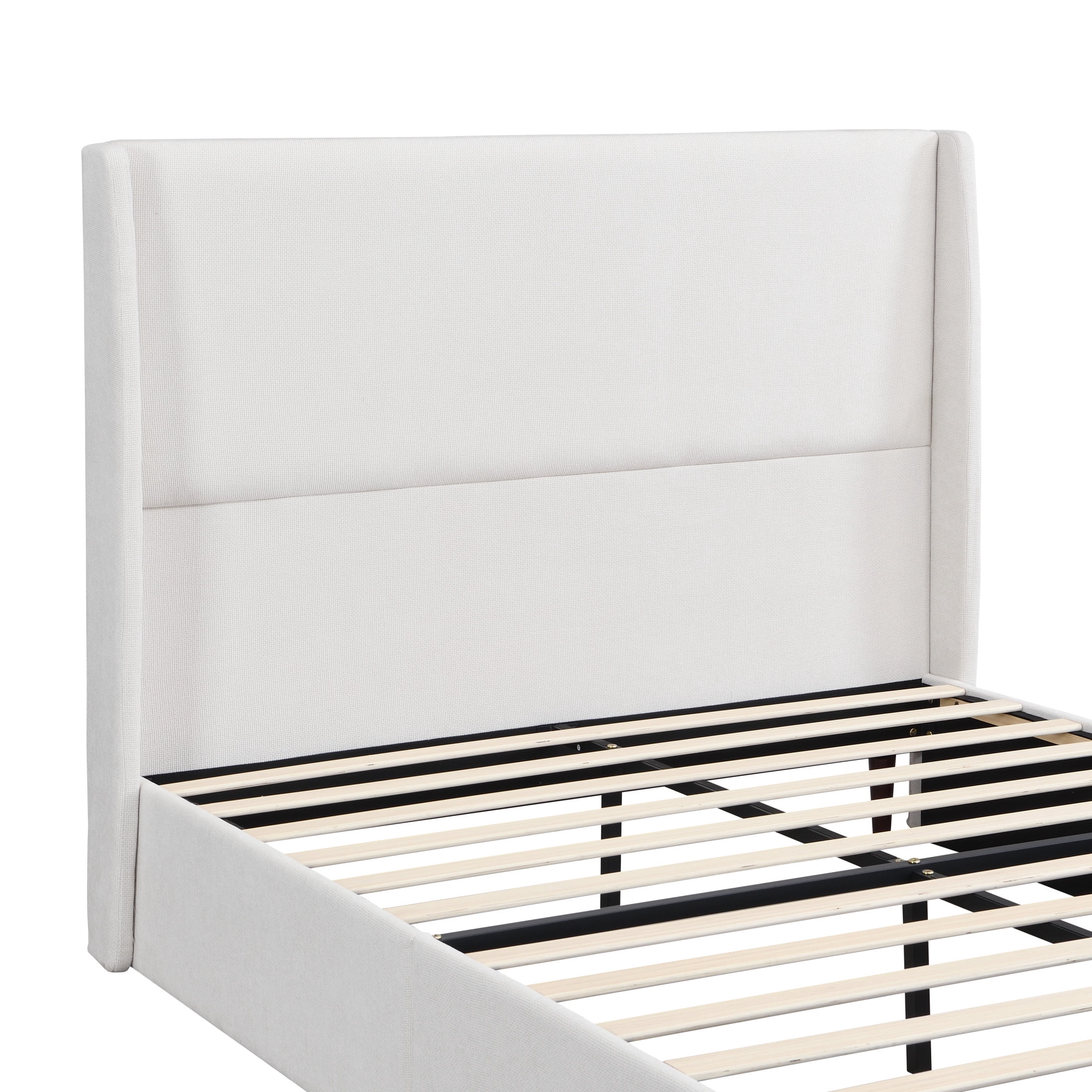 GDF Studio Queen Size Upholstered Bed with Chenille Fabric, High Headboard and 12-Slat Support, Beige