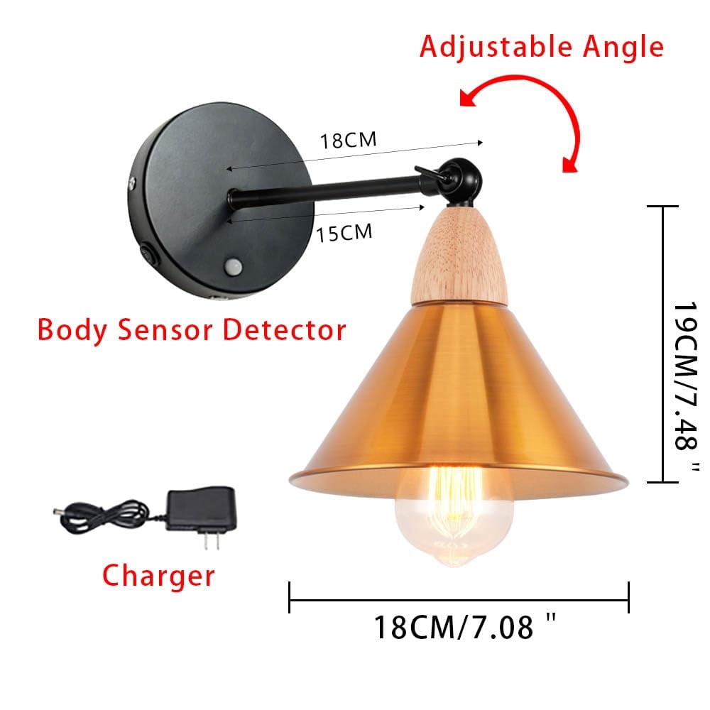 KAYYELAMP PIR Motion Sensor No Cord Battery Wall Sconce Wood Base Gold Metal Shade Wall Lamp Industrial Style for Hallway Balcony Entrance Basement