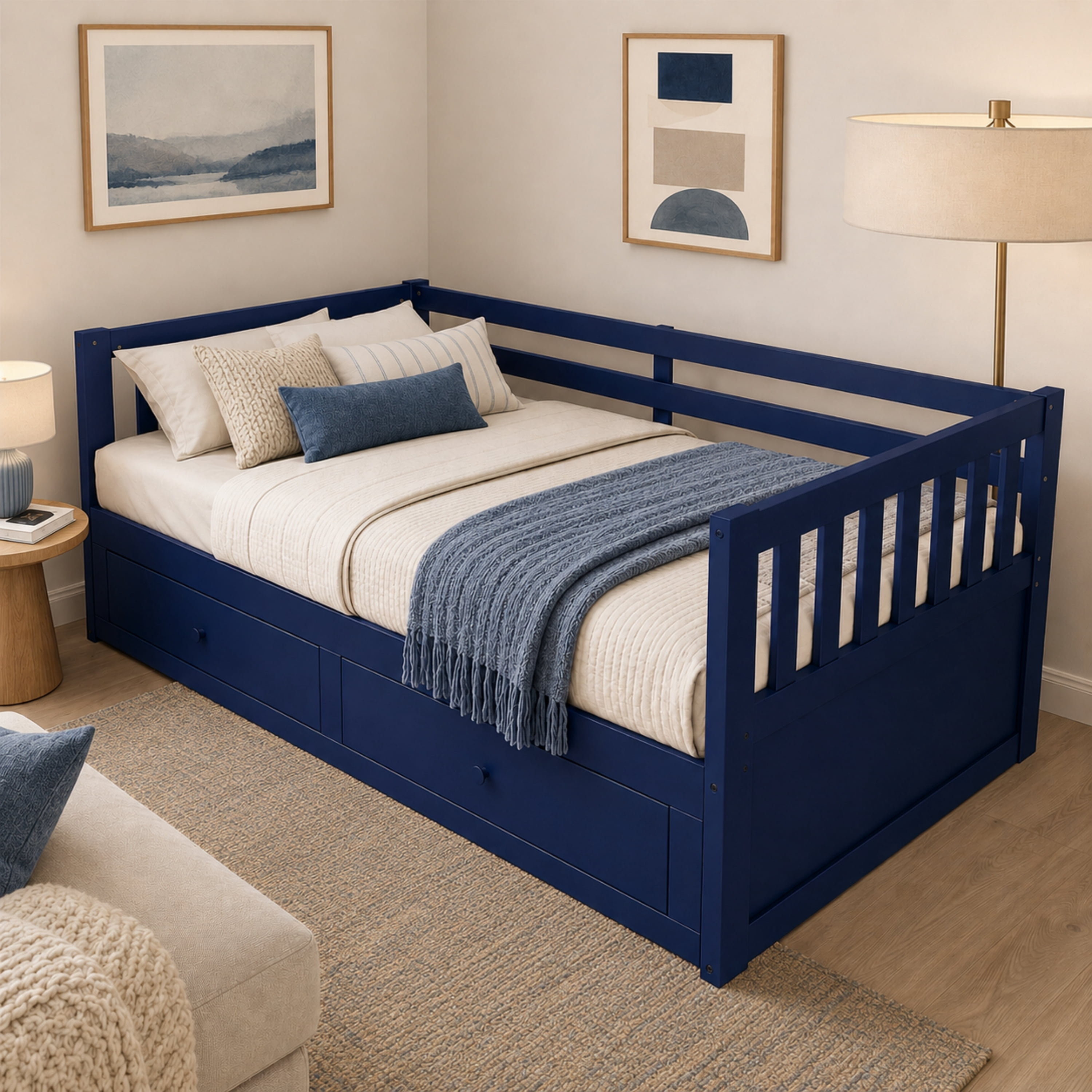 Euroco Wood Twin to King Size Daybed with Pull-out Trundle, Convertible Bed Frame with Drawers, No Box Spring Needed, Blue
