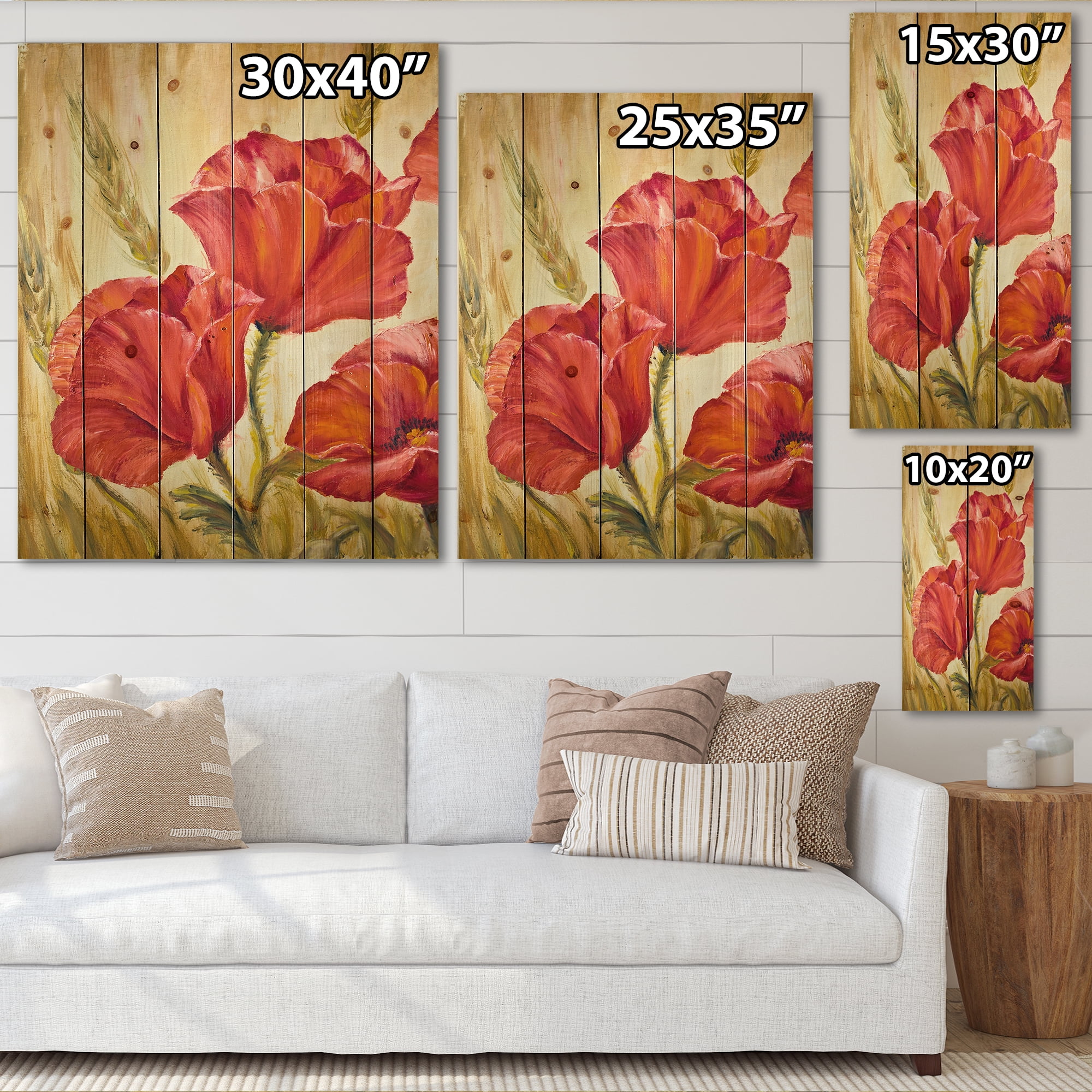 Designart 'Blossoming Red Poppies In Wheat Fields II' Traditional Print on Natural Pine Wood