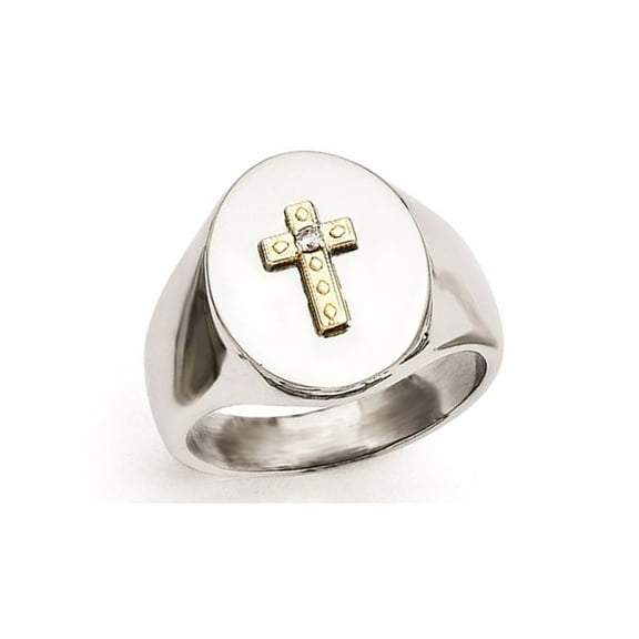 Gem & Harmony Mens Stainless Steel Ring with 10K Gold Cross for Men