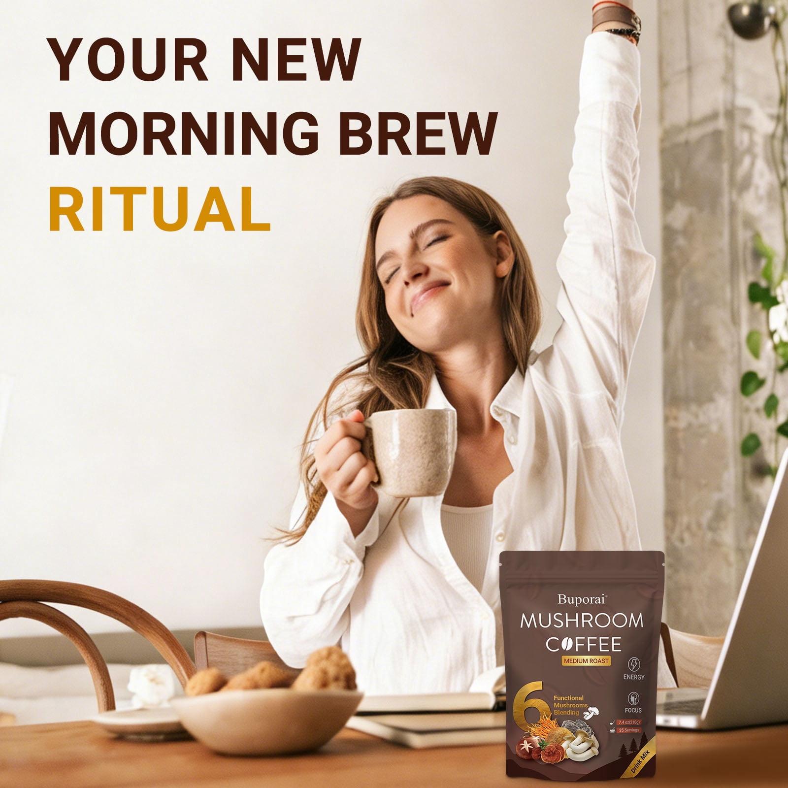 Mushroom Coffee - Instant Coffee - with Lion’s Mane, Cordyceps, Turkey Tail & Other - for Energy, Focus, Digestion, Immunity - 35 Servings (7.4oz)