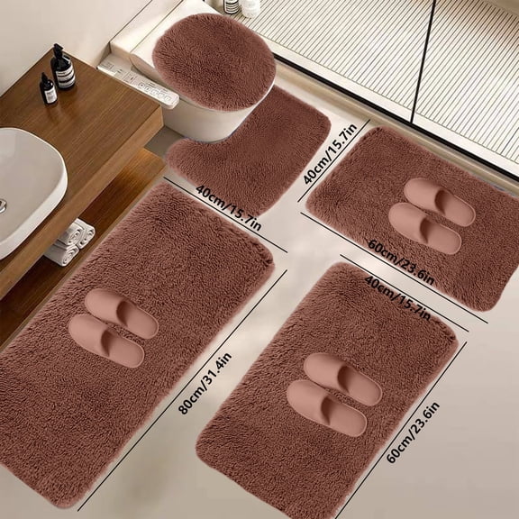 Solid Color 5-Piece Bath Mat Set Velvet Fleece Foam Long Plush Water Absorbent Non-Slip Washable Bathroom Toilet Rugs for Home Modern Decor Black White Gray Gift