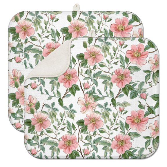 2pcs Cute Floral and watercolor Illustration Drying Mat, Waterproof Countertop Drying Pad, Quick Dry Microfiber Kitchen Mat with Hanging Loop, Rustic Design