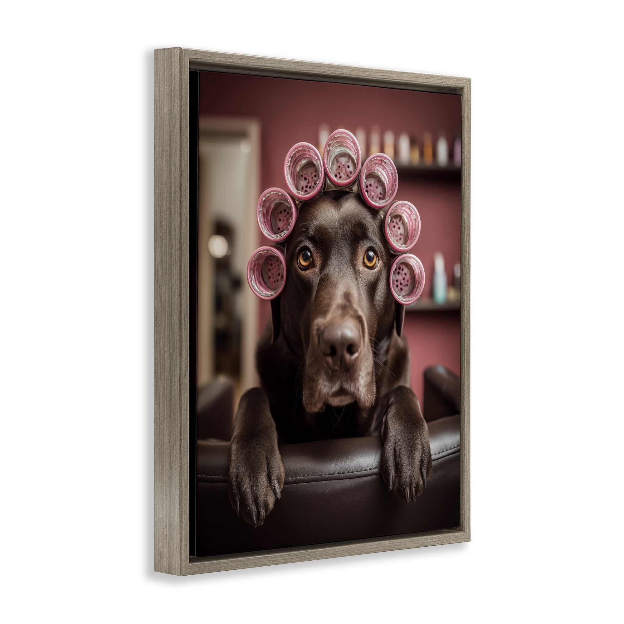 Stupell Industries Dog at Salon with Curlers Brown Framed Floater Canvas Wall Art, design by Scott Stulberg