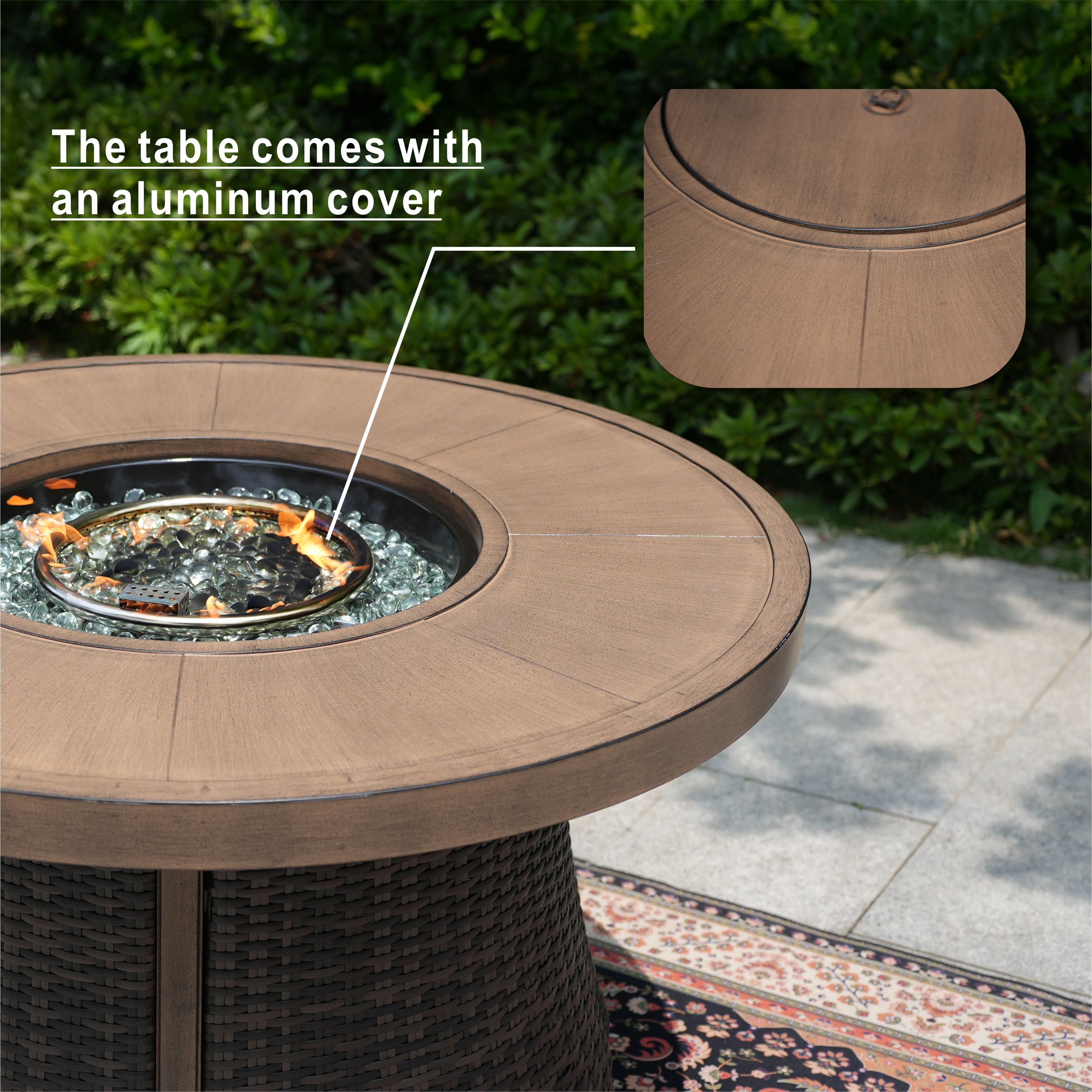 42" Outdoor Wicker Round Propane Gas Fire Pit Table, Brown Dining Table
