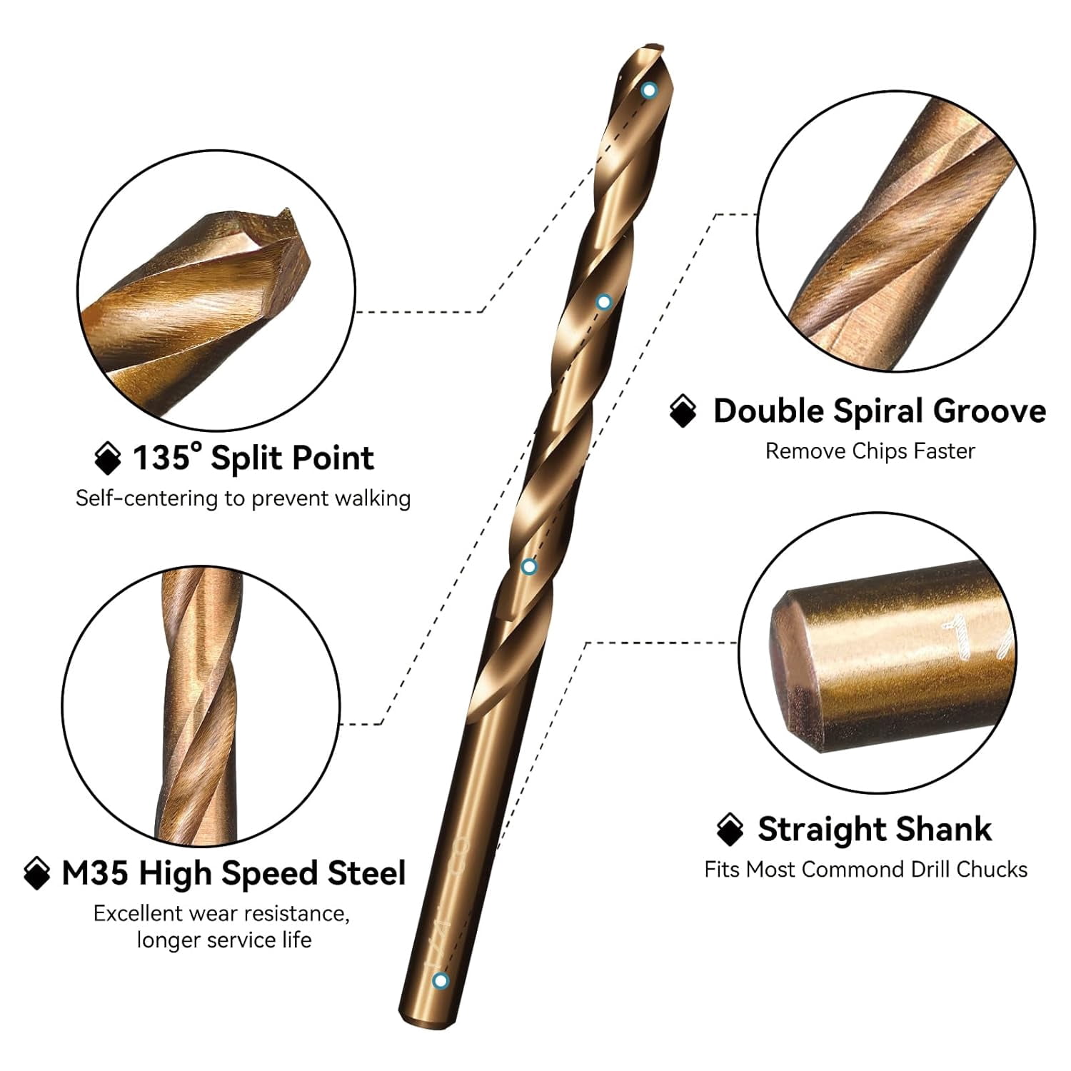 FRKSMD-Techhyren 12pcs Cobalt Drill Bit Set, 1/4" M35 HSS Jobber Length Metal Drill Bit Set for Stainless Steel, Hard Metal, Cast Iron, Wood and Plastic, with Storage Case