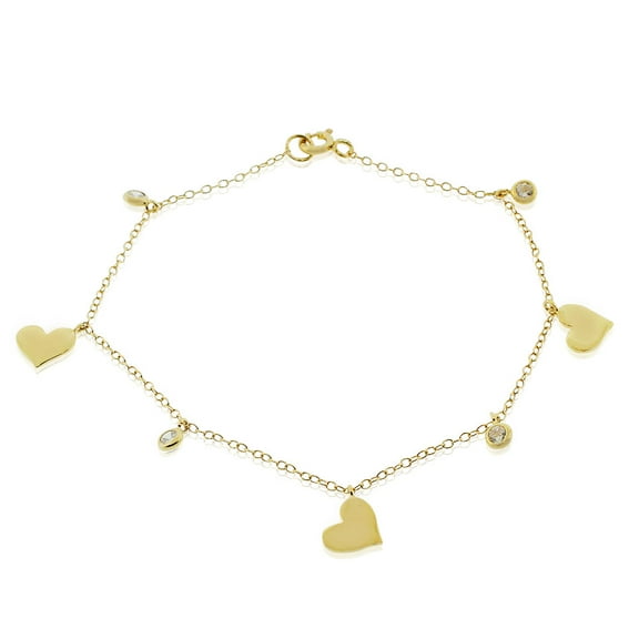 925 Sterling Silver Yellow Gold-Tone Love Heart White CZ Chain Bracelet, 7"