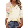 thumbnail image 2 of Xdegoge Blouses for Women Crewneck Three Quarter Sleeve Casual Dressy Workwear Flowy Fit Floral Print Pleated Front Soft Lightweight Spring Summer Tops, 2 of 7