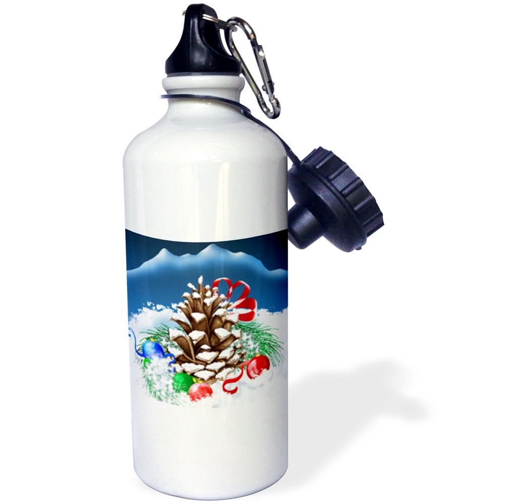 3dRose A festive Christmas Pinecone with ornaments and pretty ribbon in the Winter snow, Sports Water Bottle, 21oz by Supplier Generic