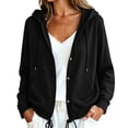 thumbnail image 2 of Women Button Hooded Sweatshirt Jacket Soft Lightweight Hoodies Cardigan with Drawstring Hem Side Pockets Loose Fitting Casual Daily Outwear Black M, 2 of 7