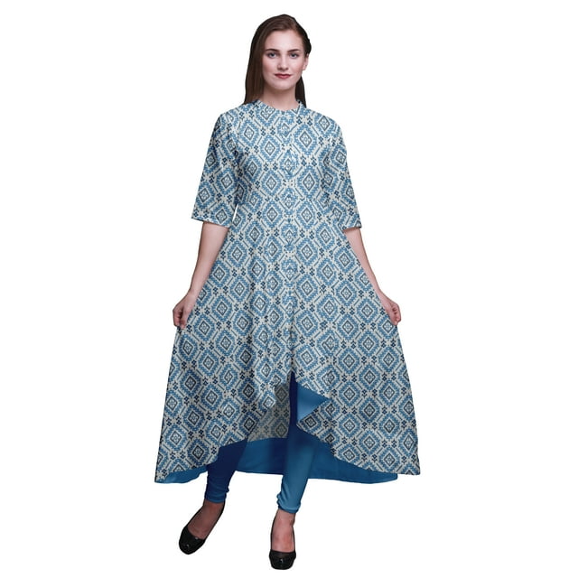 Bimba Robe Anarkali Ethnique Bleue Imprimée Col Mandarin Kurtis Indien pour Femmes Tenue de Fête Anarkali Kurta -Petit