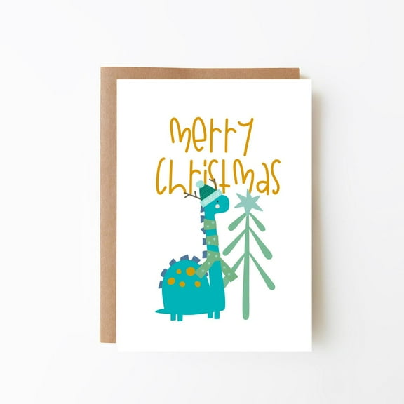 Merry Christmas Dinosaur Card – Cute Illustration with Festive Design – Blank Inside for Personal Messages – Perfect Holiday Greeting Card