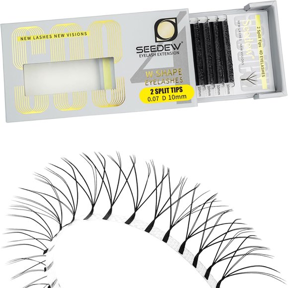 shiyou-SEEDEW 4D-Double Tips Lash Extensions, 0.07mm D Curl 10mm 12 Rows/Tray, W Shape 4DD Flat Stem, PBT Volume False Eyelashes for Beginner Artist, Lash Tech, Beauty Salon(4DD-Matte Black-0.07-D-10