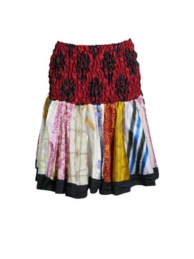 Mogul Womens Colorful Vintage Silk Printed Boho Mini Flirty Skirts Full Flare Ruched Waist Flowy Swing Short Skirts S/M/L