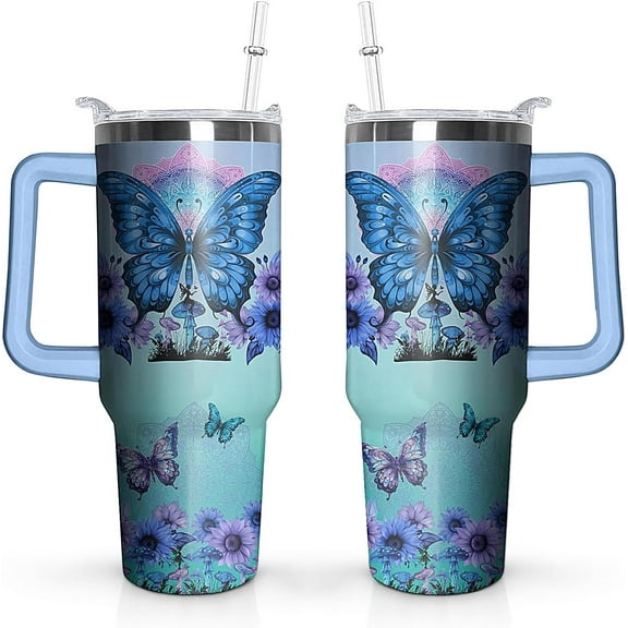 40 oz Butterfly Tumbler with Handle and Straw Lid,Leak Proof Travel Stainless Insulated Tumbler,Cup Holder Friendly,Perfect for Outdoor Travel Car and Sports