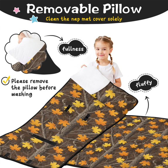 Camo and Deer Brown Pattern Teens Toddler Nap Mat with Pillow, Sleeping Mat Bag for Preschool Daycare 60"x20"