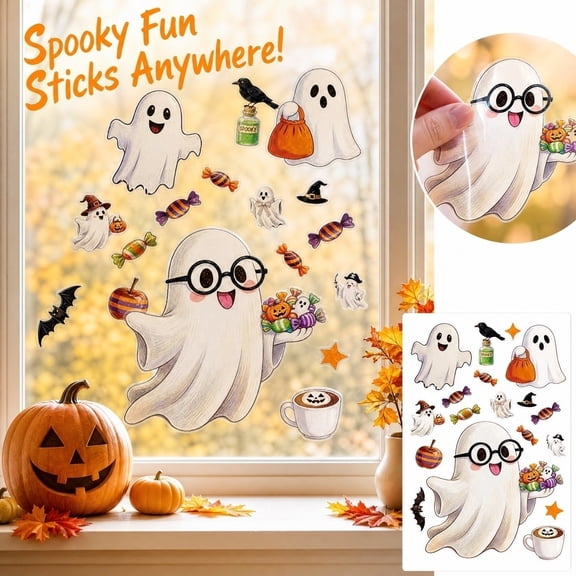 Halloween Window Decor, Pumpkin Window Clings, Cute Halloween Decor, Halloween Decorations Indoor, Static Adhesive No-Glue with Sweet Smiling Ghosts, Candy, Witch Hat and Pumpkin