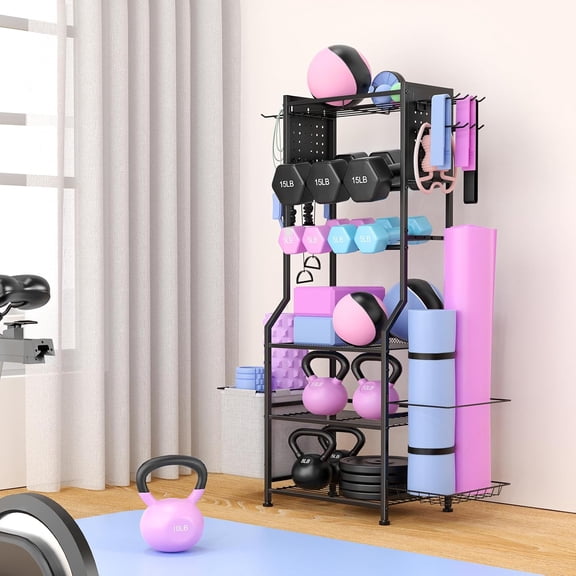Home Gym Dumbbell Weight Rack Peg Board Design   Storage for Kettlebells Yoga Mat Strength Training & All Workout Equipment