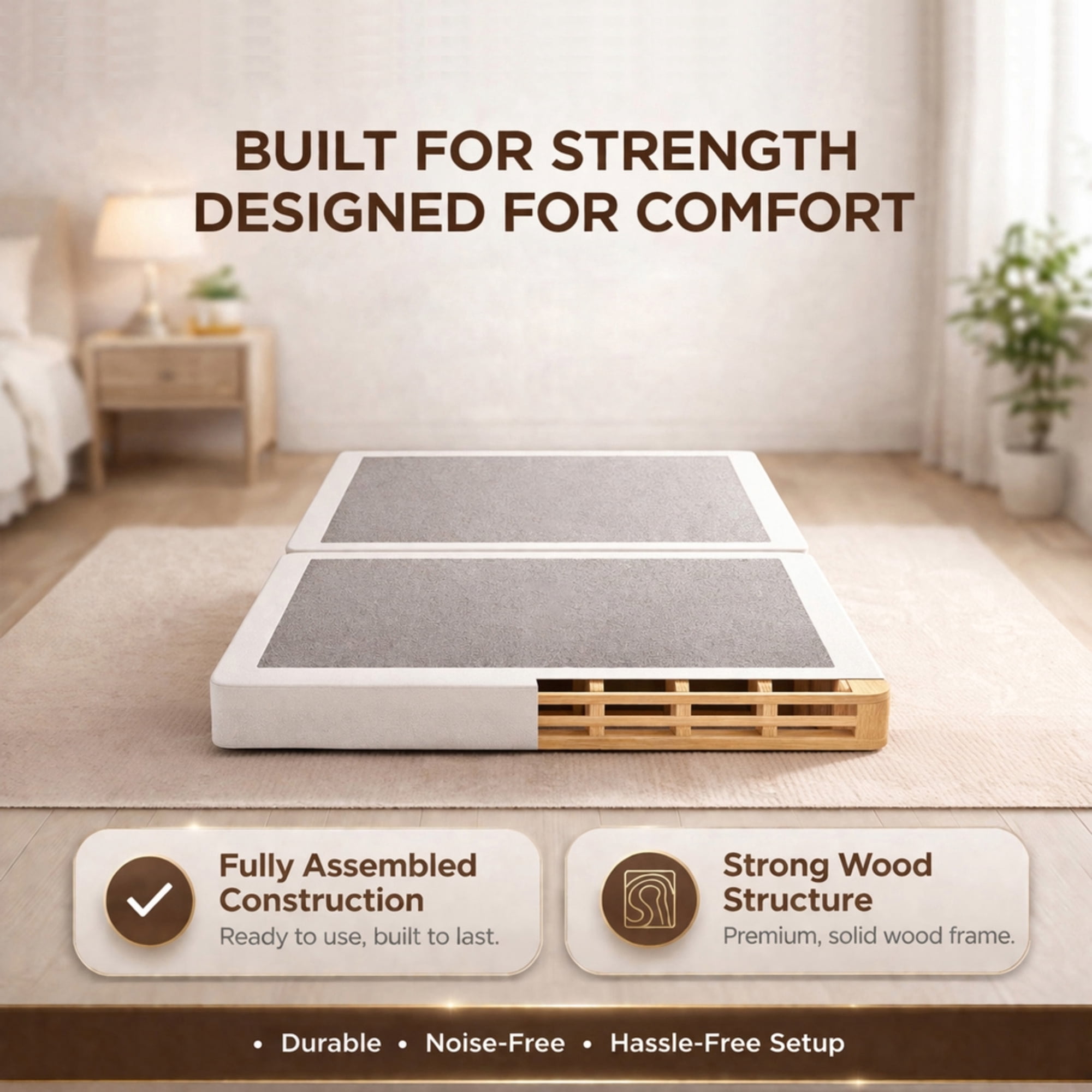 Continental Sleep, Box Spring Bed Base Twin Size, 1.5-Inch Wood Mattress Foundation, Quiet Noise Free, 2-Pieces Under Mattress Support BoxSpring, Fully Assembled, White