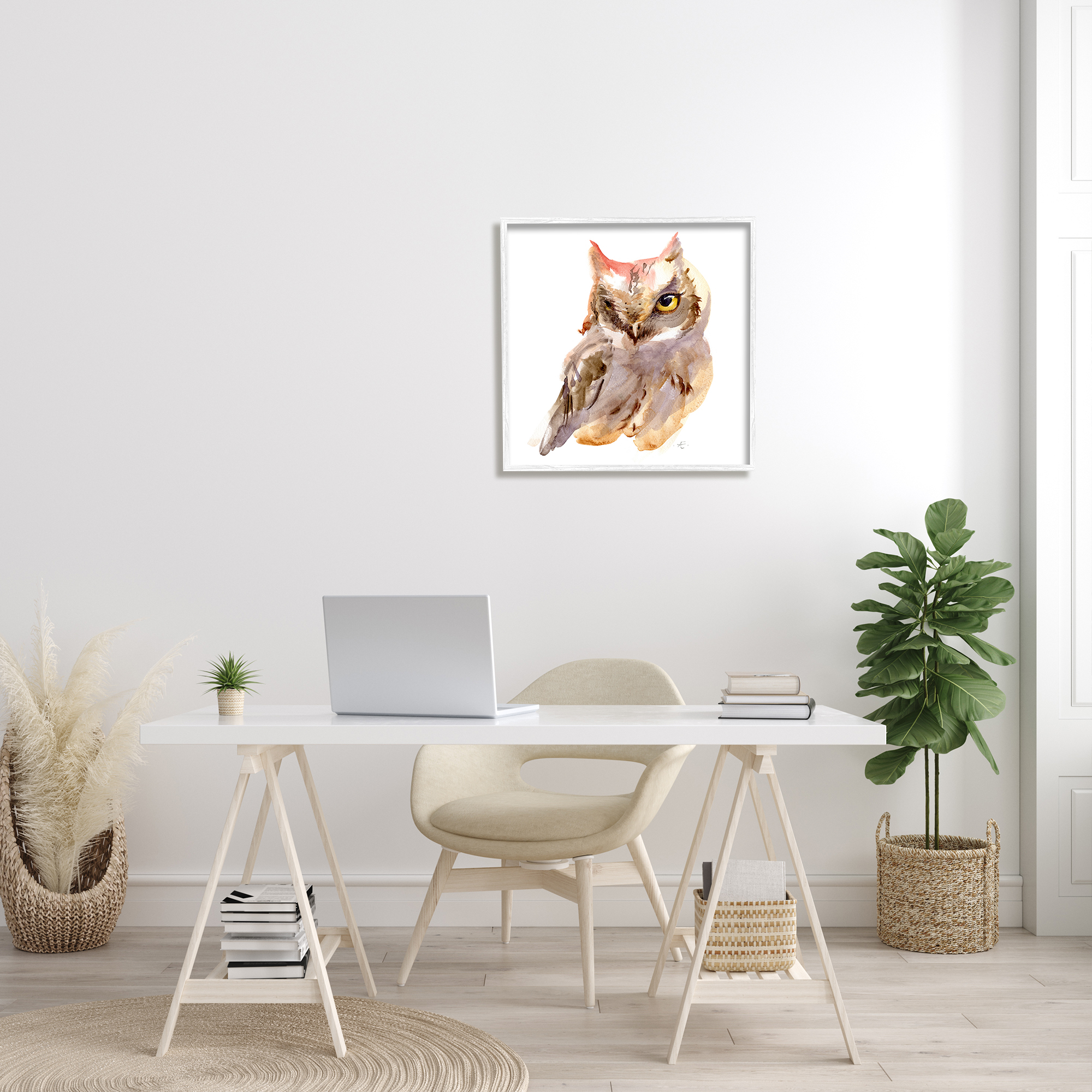 Stupell Industries Brown Horned Owl Eye Wink Minimal Bird Animals & Insects Painting White Framed Art Print Wall Art, 24 x 24
