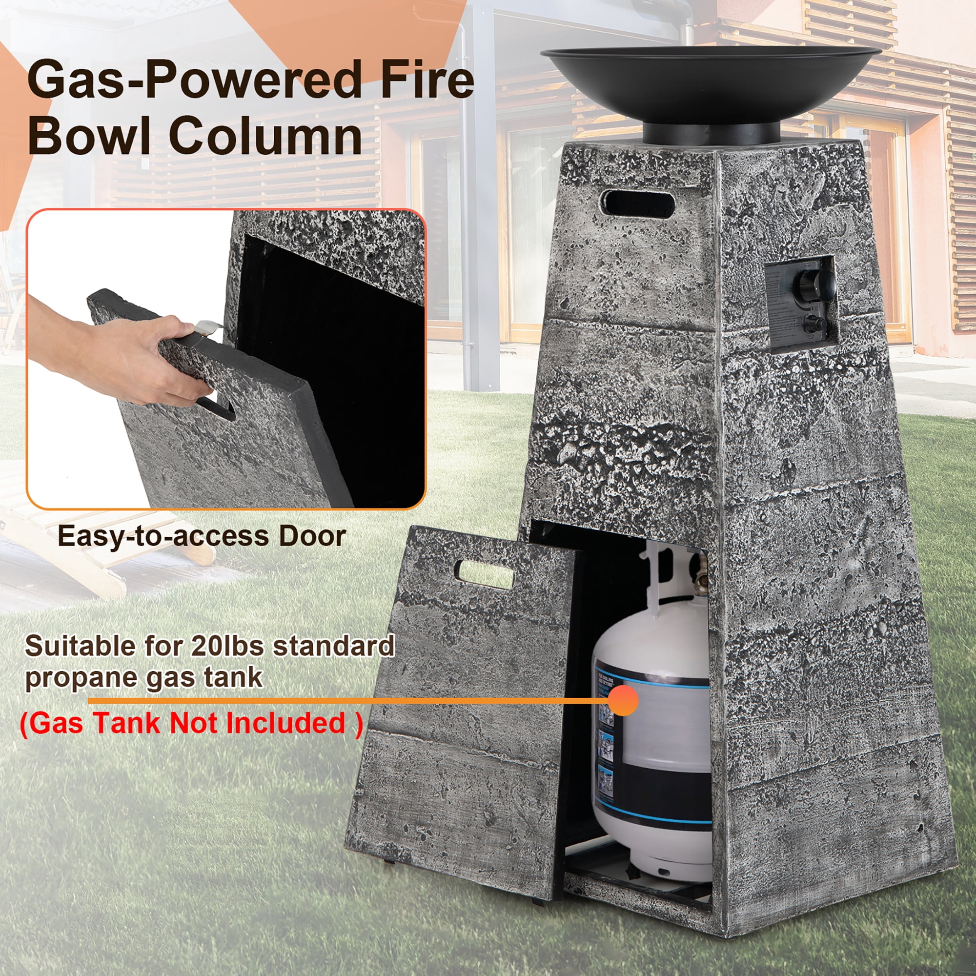 Costway 48'' Outdoor Propane Fire Bowl Column W/ Lava Rocks & PVC Cover 30,000 BTU