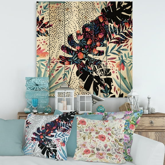 Designart 'Abstract Tropical Floral Patchwork I' Tropical Print on Natural Pine Wood