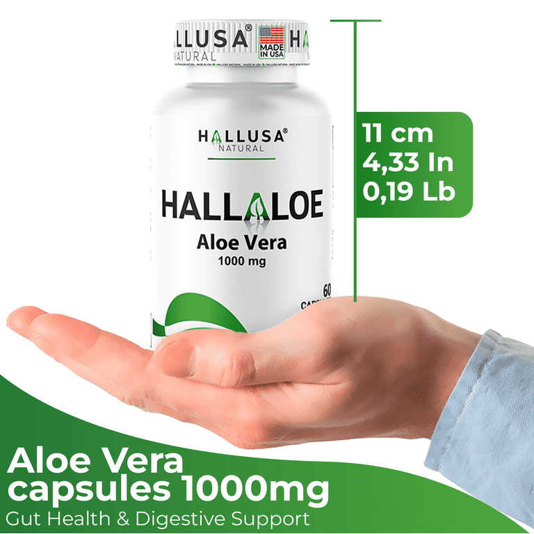 Hallaloe Aloe Vera Leaf Powder 1000 mg - 60 Capsules - 30 Servings - Digestive & Skin Support - Dietary Supplement - Hallusa Natural
