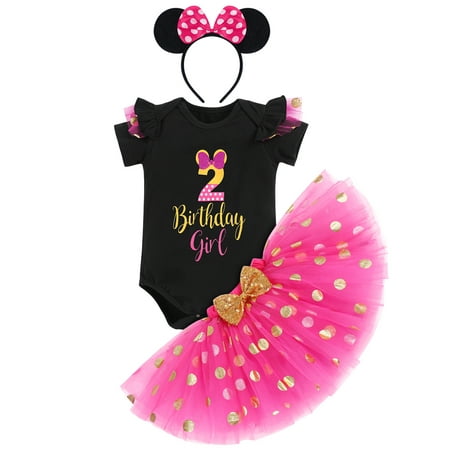 

IBTOM CASTLE Toddler Girls 1st 2nd 3rd Birthday Outfit Princess Polka Dots Ruffle Tutu Skirt Mouse Headband Cake Smash Party Clothes Set 2 Years Black + Hot Pink
