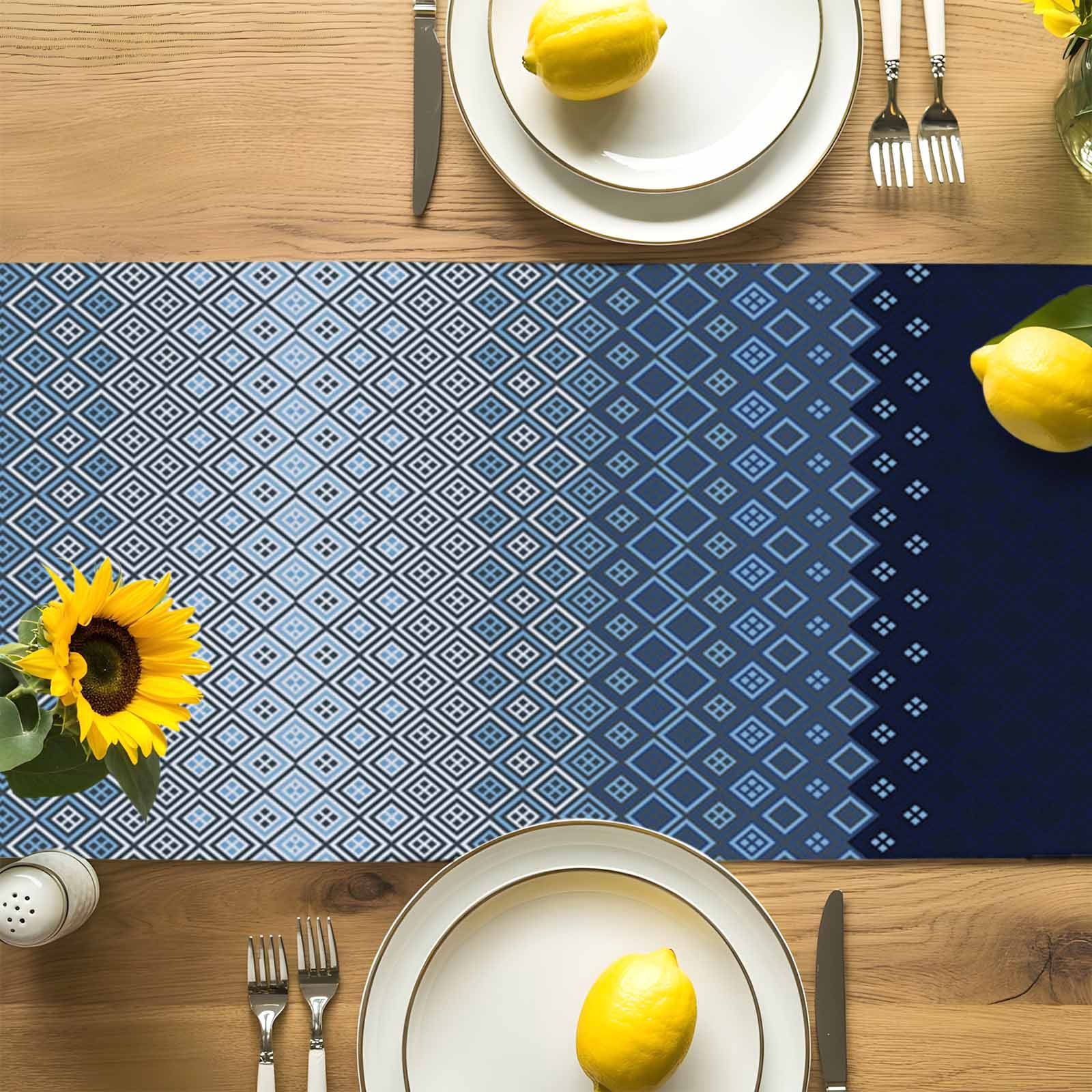 Geometric Art Diamond Checker Table Runner 90 Inches Long, Modern Blue Ombre Gradient Table Runners Tabletop Scarf Kitchen Dining Tables Decoration for Home Party Indoor Outdoor